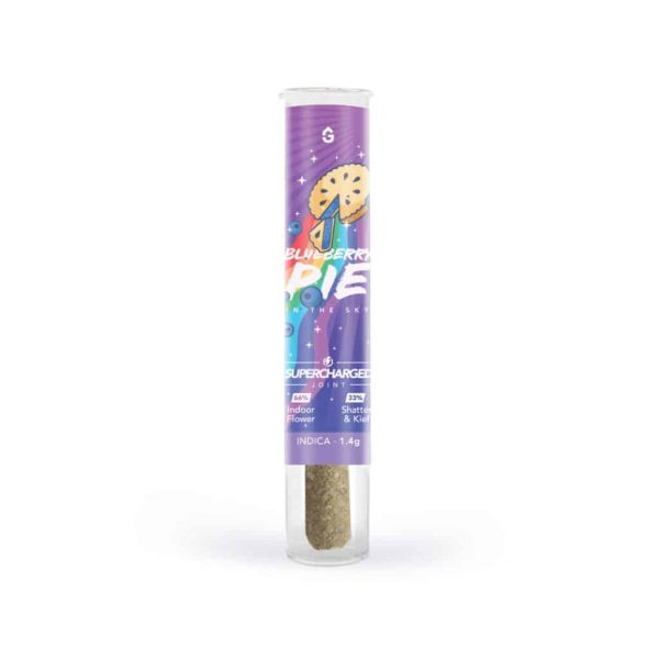 Firecracker Supercharged Joints – Blueberry Pie in the Sky (Indica) made with 66% indoor flower + 33% shatter and kief