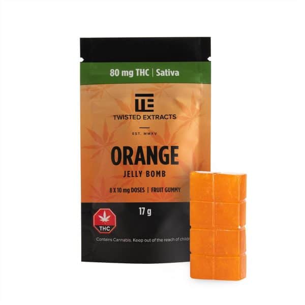 Twisted Extracts - Orange Jelly Bomb (80mg THC, Sativa) Each Orange Jelly Bomb is a fully-infused Cannabis gummy containing 80 mg of THC extracted from a Sativa dominant Cannabis extract. It can be easily divided into 8 pieces so you can choose your ideal dose. It can be easily divided into 8 pieces so you can choose your ideal dose.