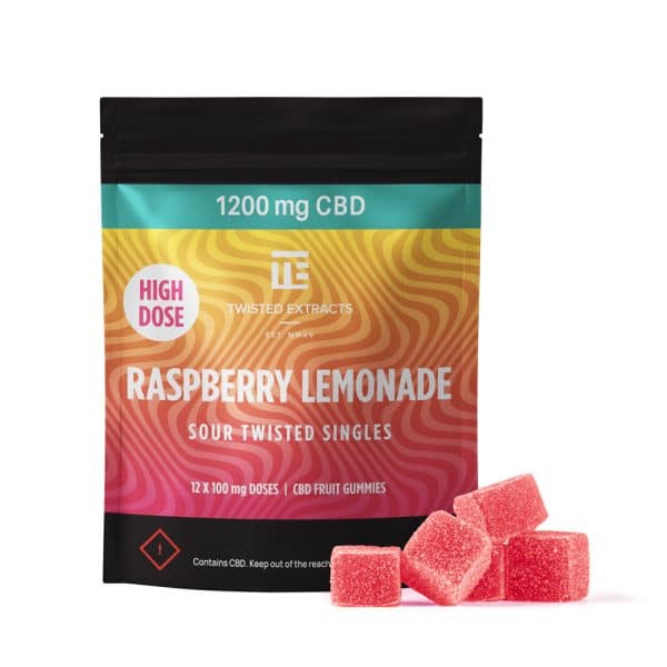 Twisted Extracts Raspberry Lemonade High Dose (1200 MG CBD) are Potent, bite-sized delicious sour gummies.